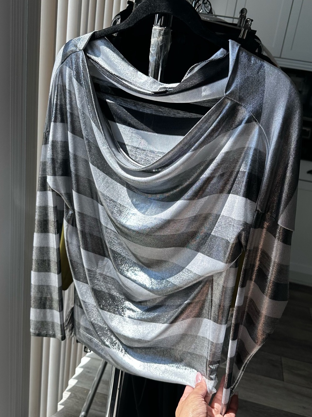 Draped Metallic Stripe Women’s Sweater Stretch Knit - Silver/Black